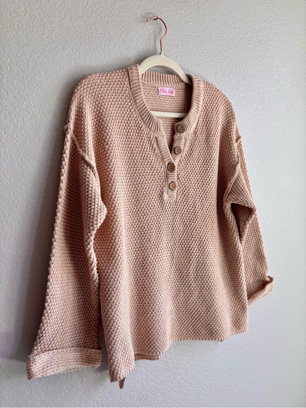 Pink Lily Blush Pink Waffle-Knit Henley V-Neck Sweater